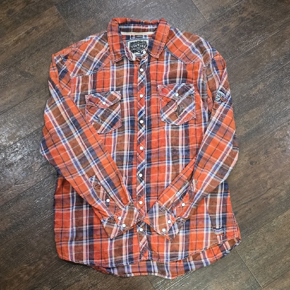 American Eagle Outfitters Orange and Blue Casual Button Down Shirt